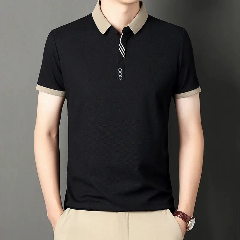Men's black polo shirt with beige collar and cuffs, short sleeves.