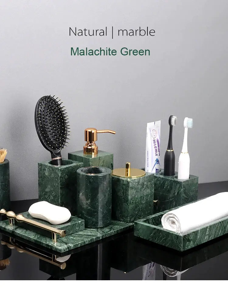 Malachite Green marble bathroom accessories set with soap dispenser, dish, toothbrush holder, tissue box, and towel rack
