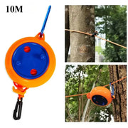 Retractable clothesline reel, orange housing with blue dial, 10m outdoor drying rope.