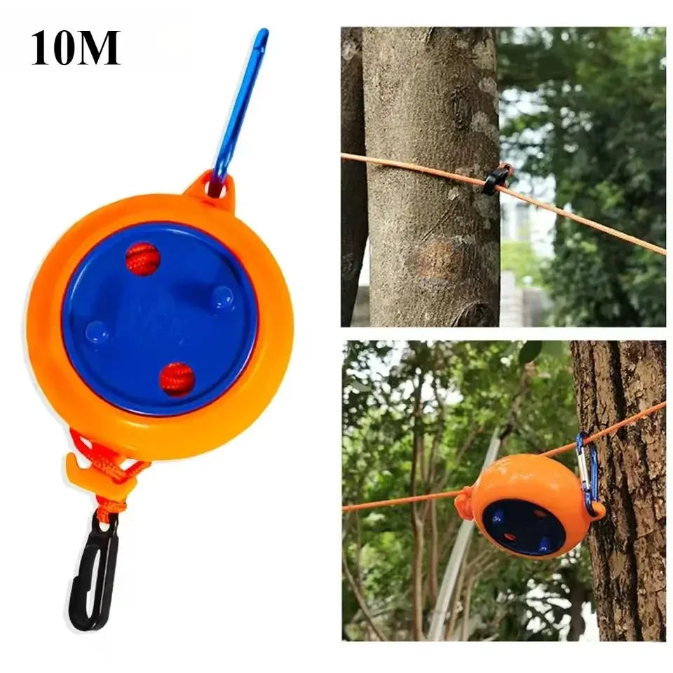 Retractable clothesline reel, orange housing with blue dial, 10m outdoor drying rope.