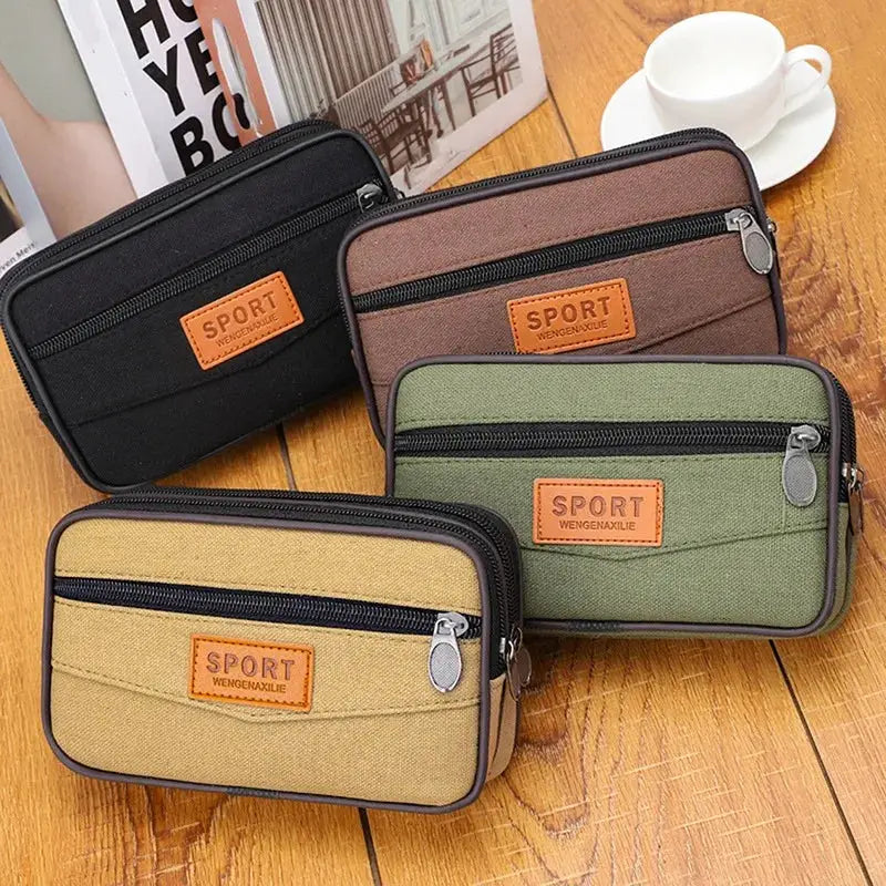 Set of four men's waist packs (bum bags) in black, brown, green and beige with orange SPORT patches