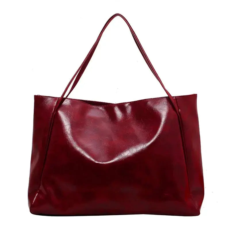 Women tote bag burgundy PU leather, large-capacity shoulder bag with double handles