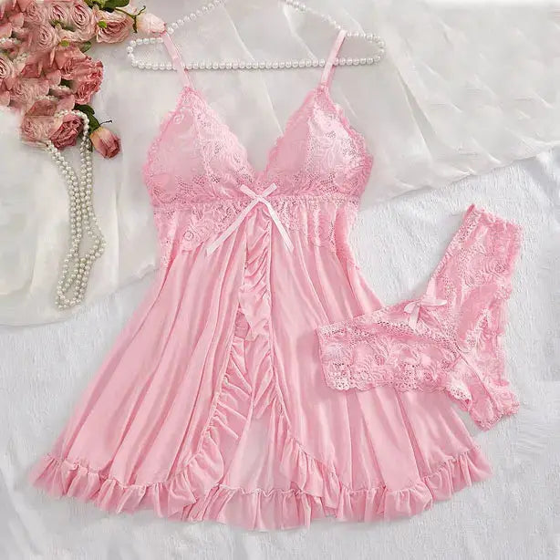 LaceAllure Summer See Through Lace Nightdress With Breathable Polyester Knit And Flattering V Neck