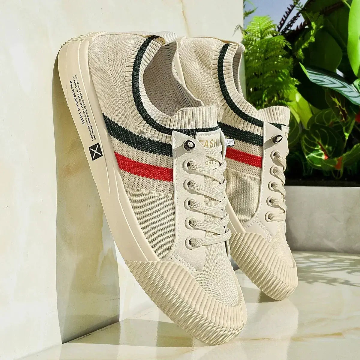 Simples Market men's casual sports shoes, knit beige sneakers with black/red stripes and ribbed rubber sole (2 shoes)
