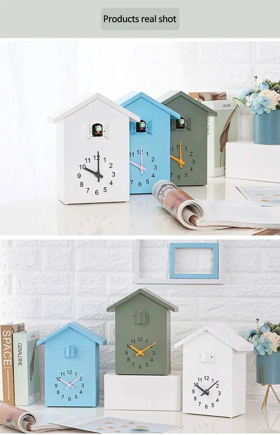 Simples Market cuckoo wall clocks set of four in white, blue, green and gray; 20x25cm house-shaped quartz clocks