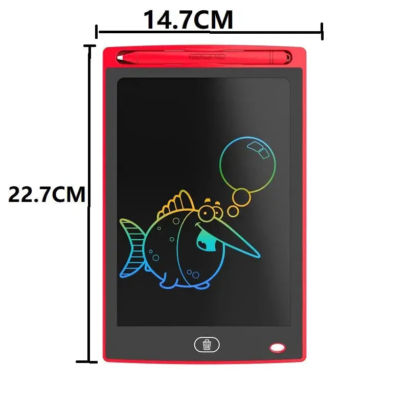 Drawing tablet LCD writing board red with stylus; Simples Market, 14.7 cm by 22.7 cm, colorful fish artwork