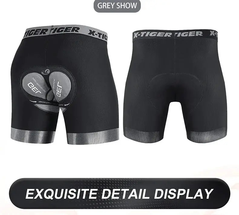 X-TIGER men's cycling shorts with 5D padded liner, black with grey waistband and anti-slip leg grips