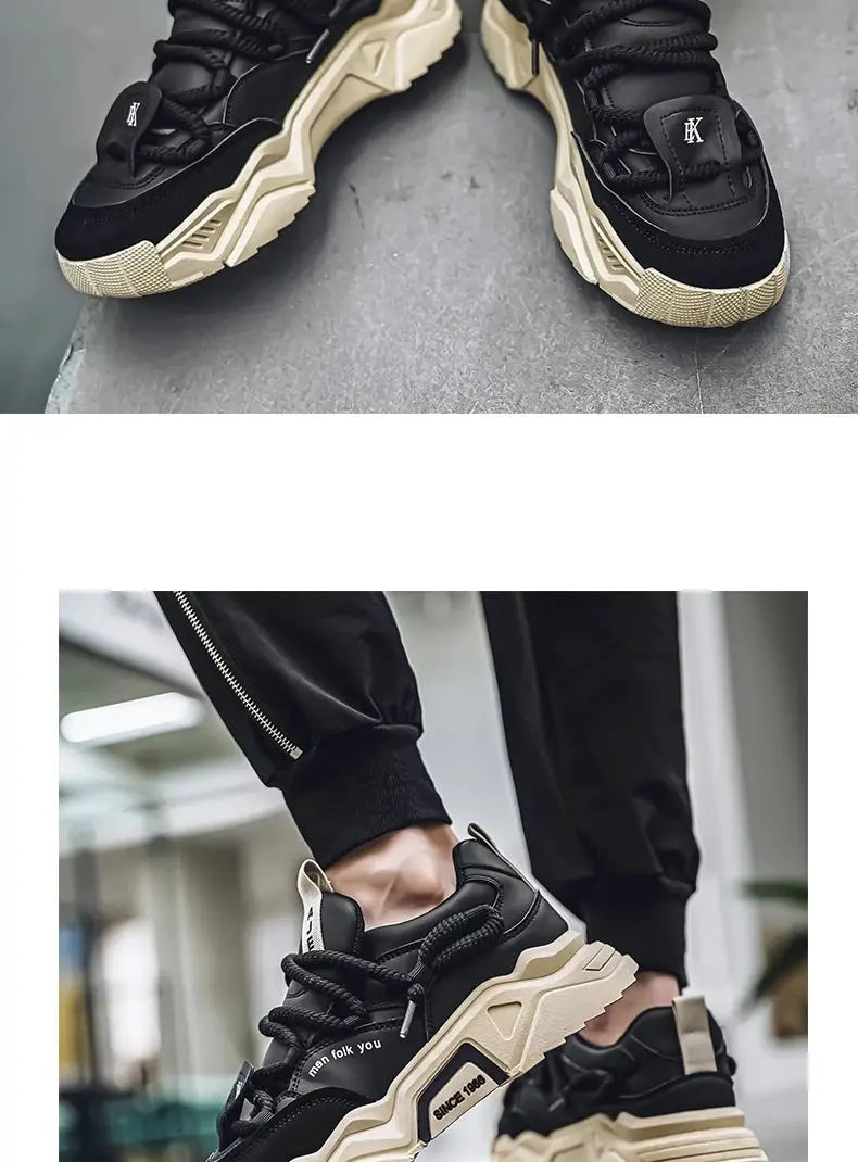 Simples Market men's casual sneakers pair with black upper and beige chunky sole, low-top skateboard shoes