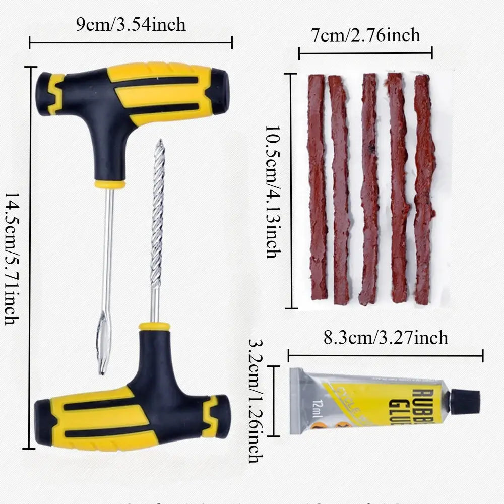 Simples Market tire repair kit with yellow-black T-handle plug tool, drill bit, five red rubber strips and glue