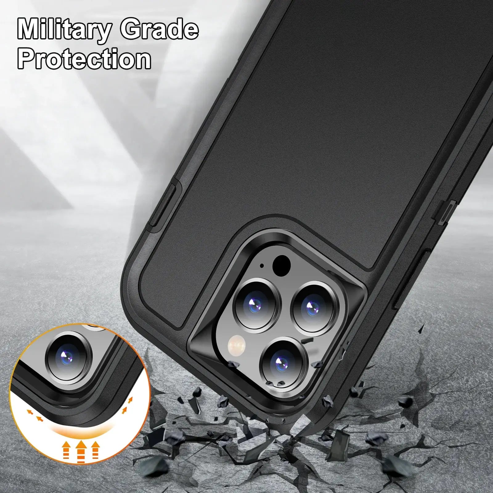 Simples Market 3-in-1 Defend Armor shockproof iPhone case, black rugged TPU back cover with triple-camera cutout