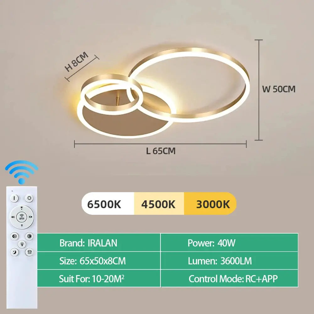 Modern LED ceiling chandelier by Simples Market with gold and white ring design, dimmable 3000–6500K.