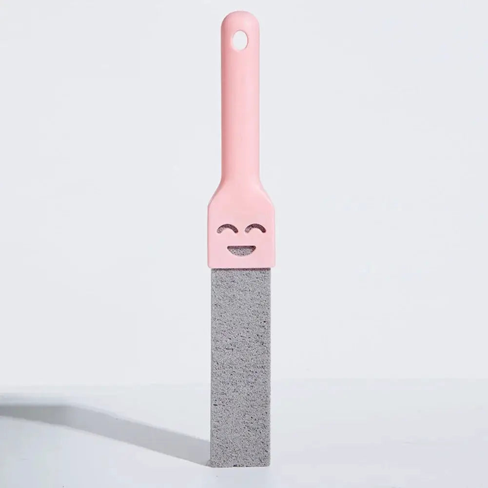 Pumice stone brush for toilet cleaning with pink handle and gray pumice stone for quick, easy scrubbing