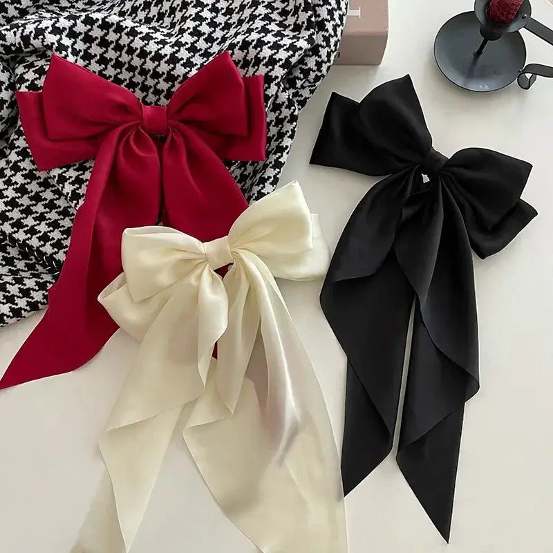 Korean Satin Bowknot Hair Clip For Women And Girls Long Ribbon Solid Color Barrette Hair Accessory