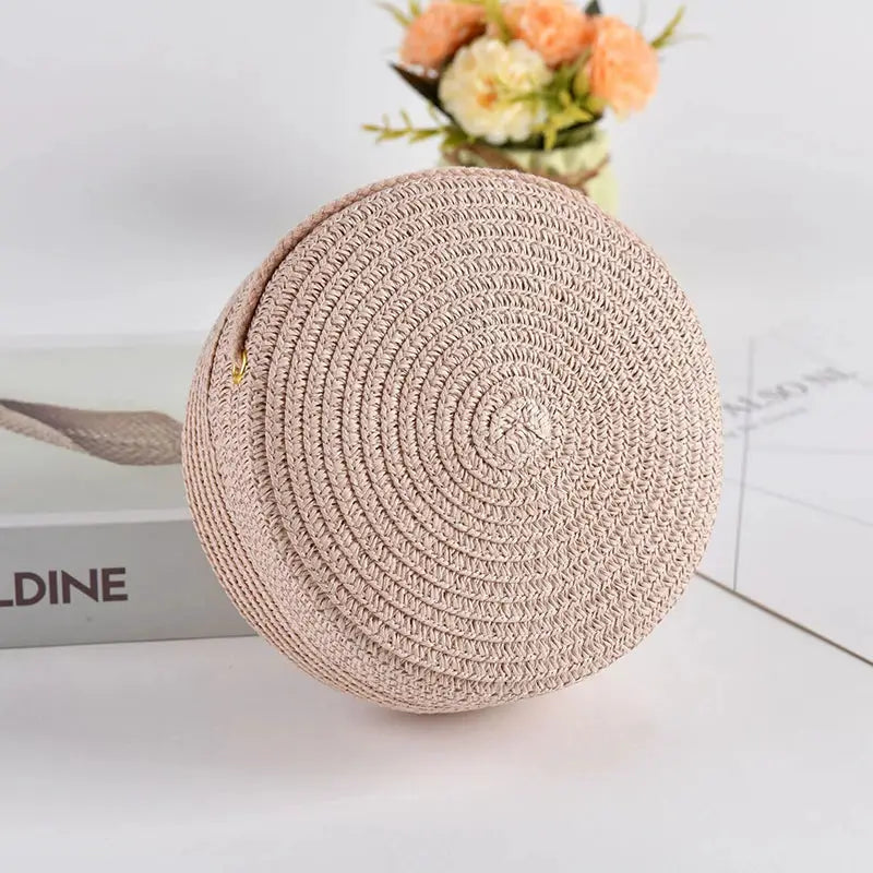 Summer Round Straw Bag for Women Handmade Woven Shoulder Bag Travel Rattan Beach Crossbody Bag