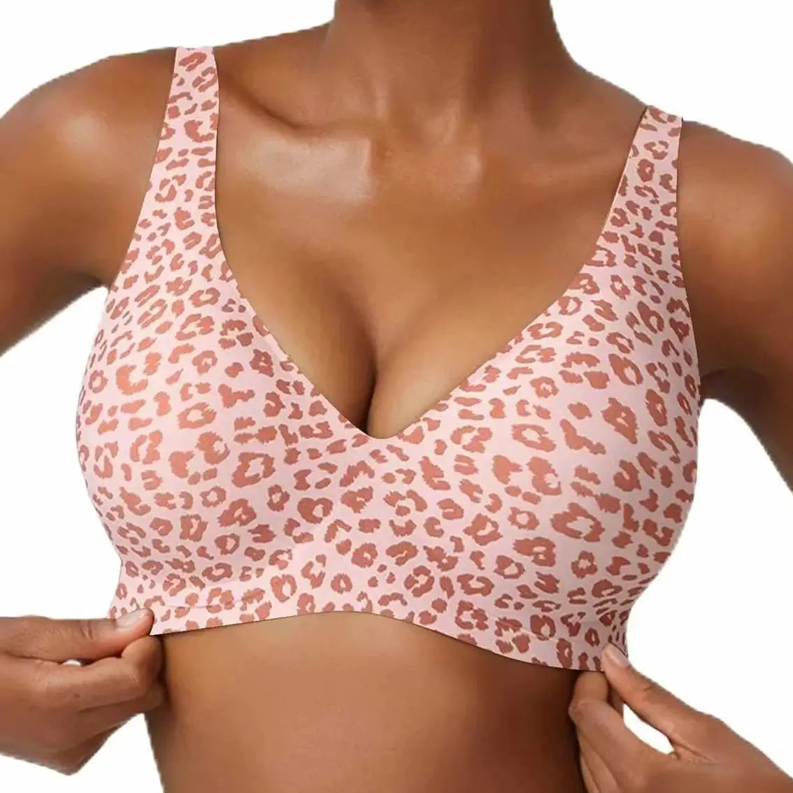 Women's seamless pink leopard print wire-free full-cup bra with soft molded support