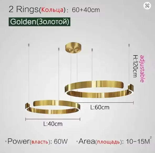Simples Market two-ring golden ceiling chandelier pendant lights, gold metal rings, adjustable heights (60cm & 40cm)