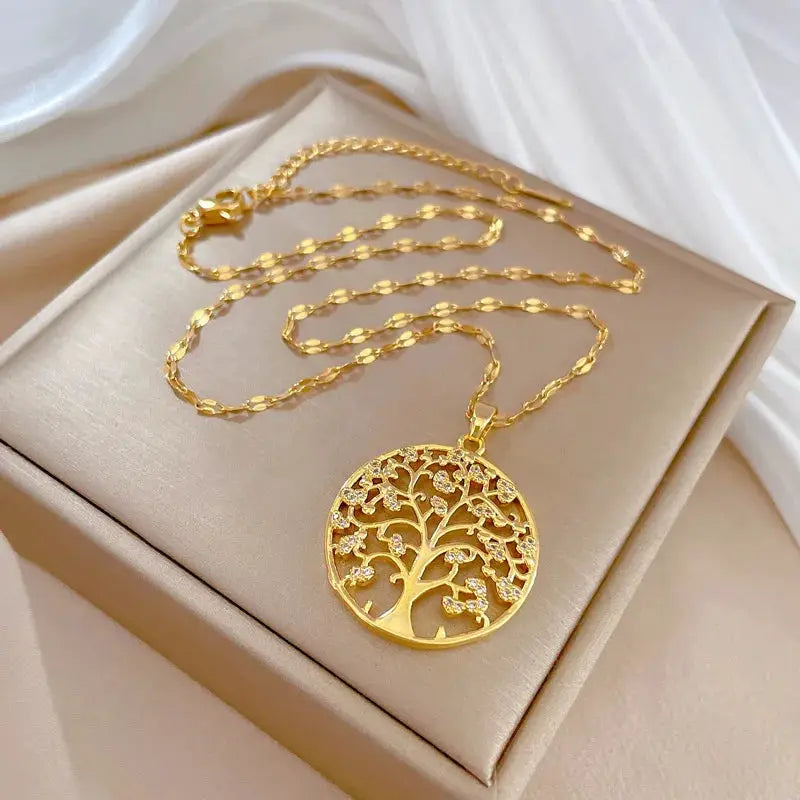 Tree of Life rhinestone pendant necklace, gold-tone with stainless steel chain, Simples Market