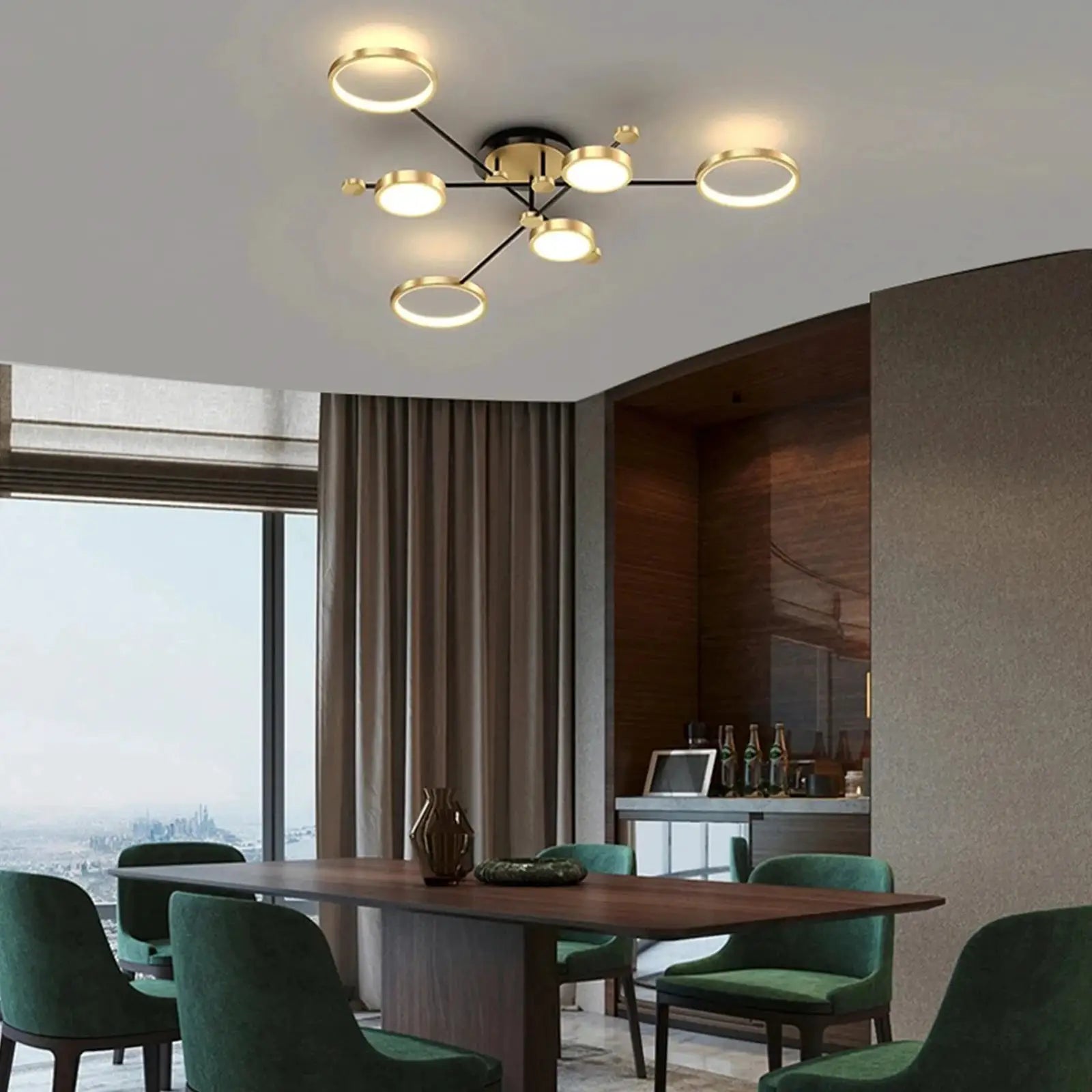 LED chandelier by Simples Market; gold circular ring lights on black arms for living/dining room.