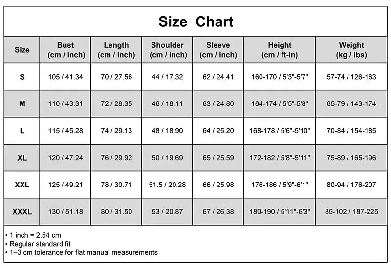 Men's long sleeve casual shirt size chart by Simples Market with chest, length, shoulder and sleeve measurements (S-XXXL)