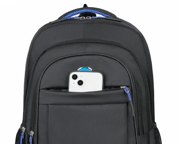 Backpack by Simples Market, black large-capacity bag with blue zipper pulls and a front pocket holding a phone
