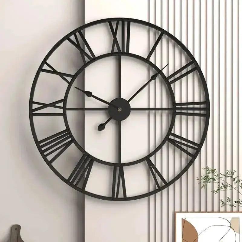 Simples Market Modern 3D Large Wall Clock with Roman numerals, black metal iron, silent Nordic hanging decor