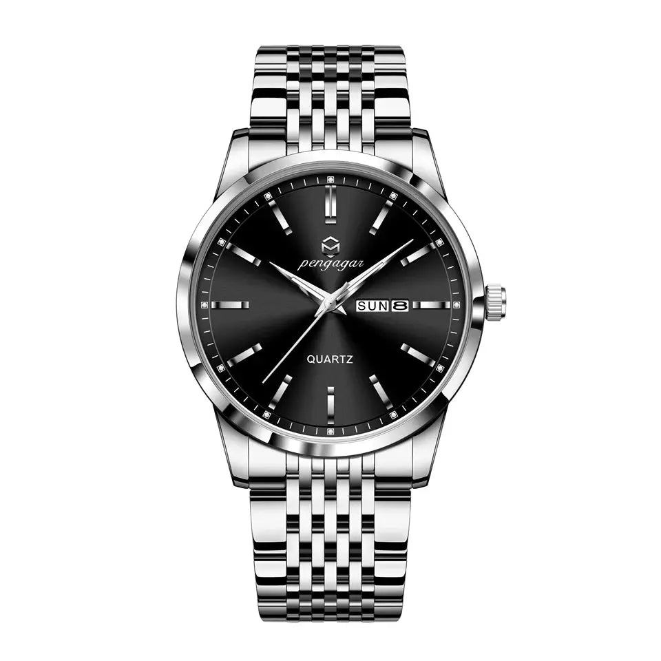 PAAZOMU men's stainless steel luxury watch with black dial and date window in box