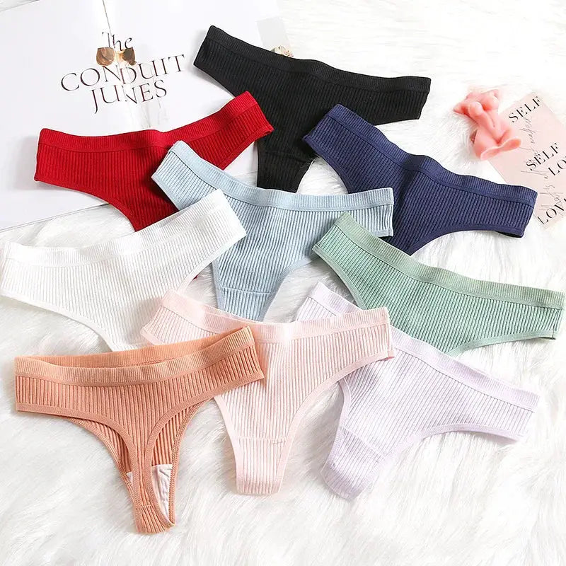 4-piece women's striped cotton G-strings set in assorted soft colors, breathable and comfy