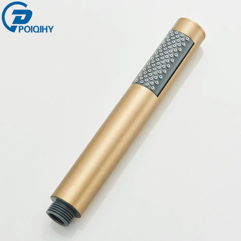 Brushed gold handheld shower head with gray grip; Simples Market, POIQIHY logo visible.