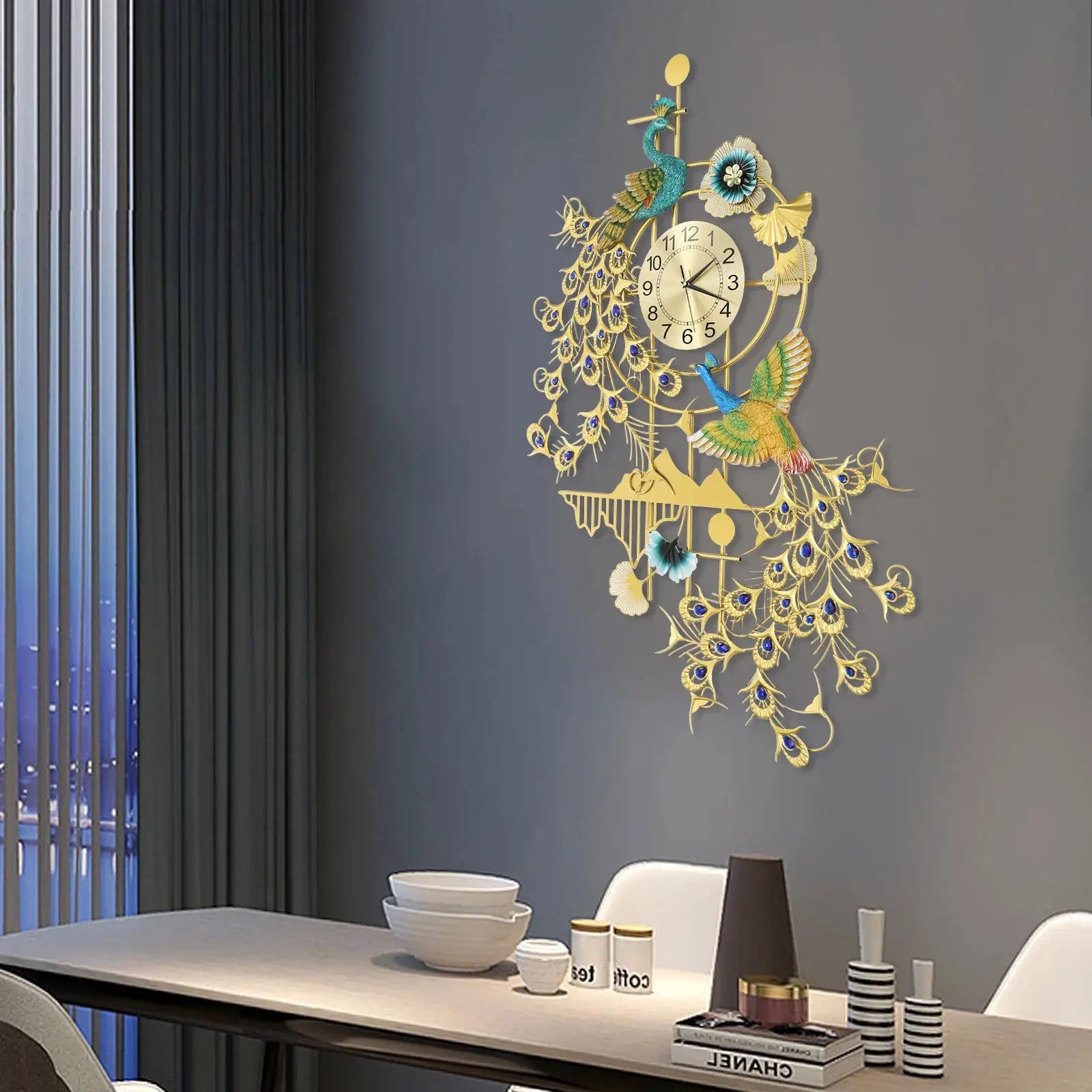 Peacock wall clock by Simples Market; large gold and blue rhinestone resin-iron art with silent quartz movement
