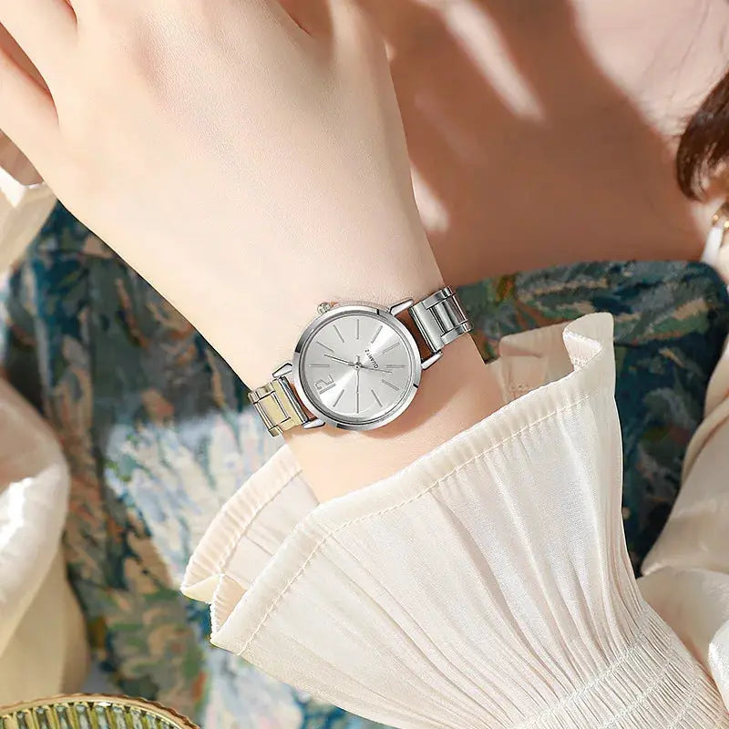 2-piece set of women's watches with silver dial and two-tone gold-silver stainless steel bracelet