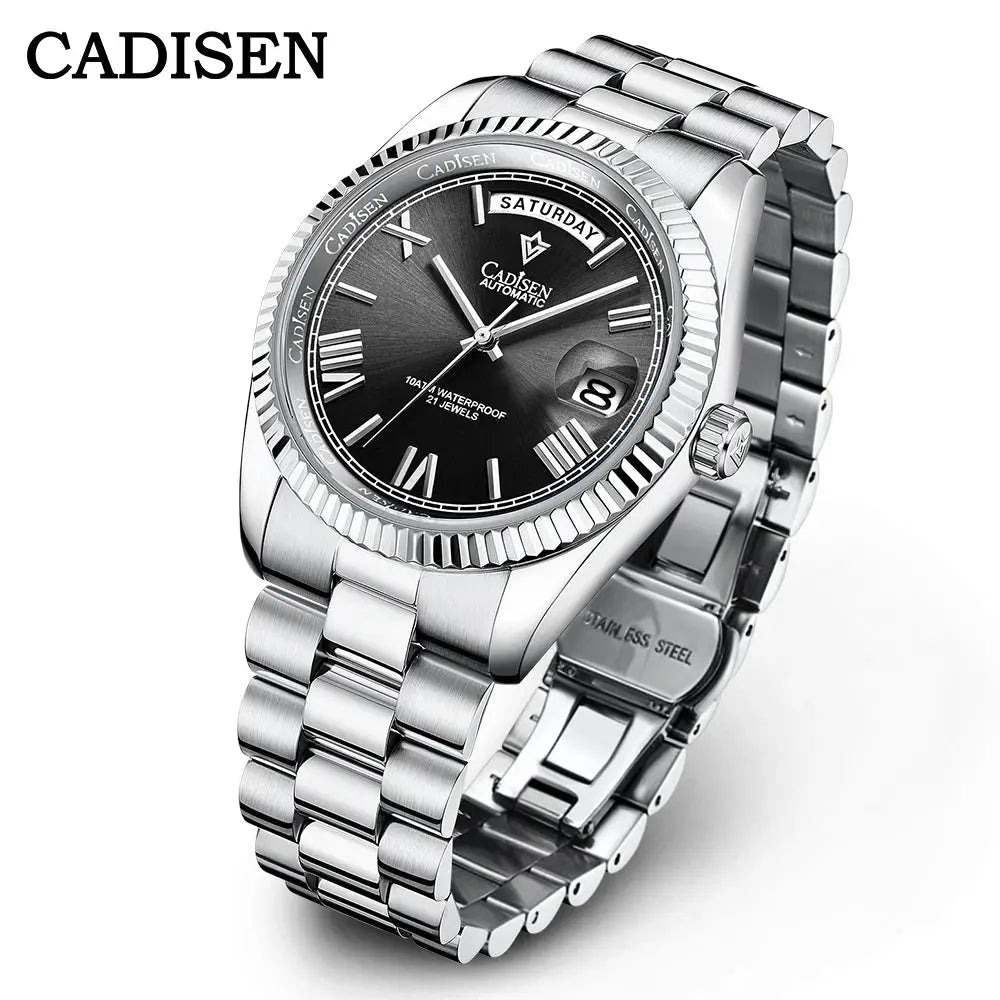 CADISEN men's stainless steel automatic watch with black dial and day-date display
