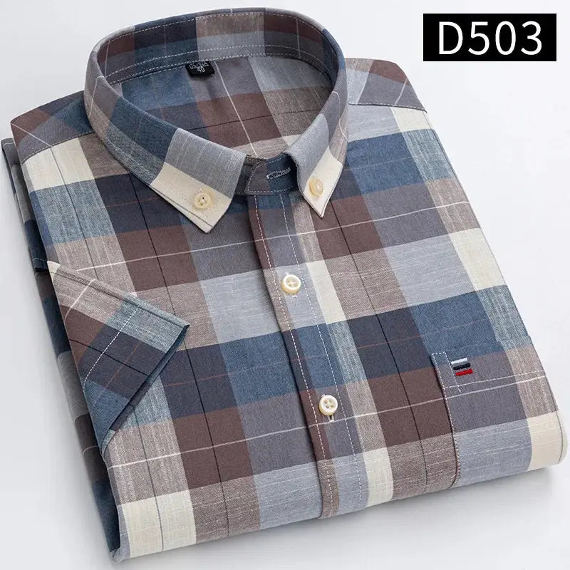 Simples Market men's 100% cotton plaid Oxford shirt with button front and pocket logo