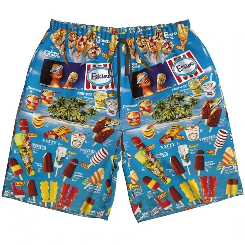 Swim shorts by Simples Market with ice cream print on blue background, unisex beachwear