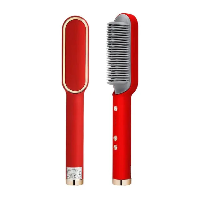 Simples Market red electric PTC heat straightening brush with ceramic flat iron and curling comb