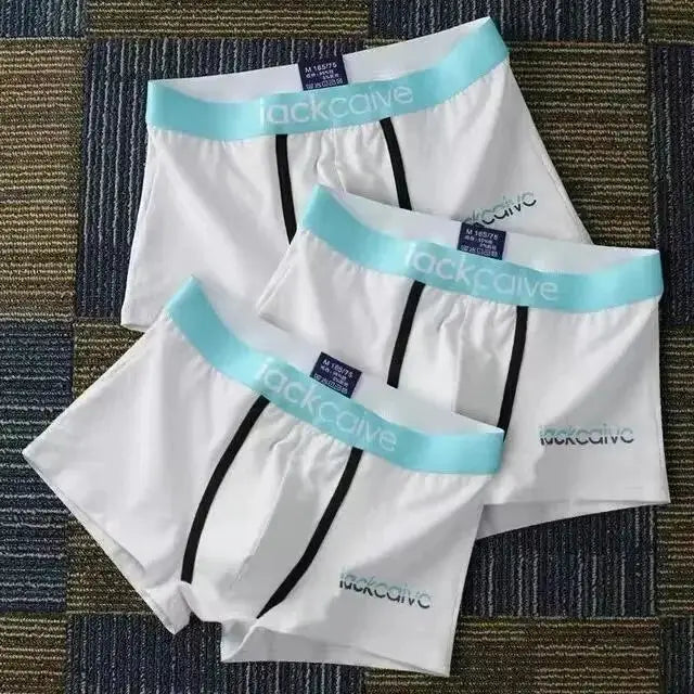 3-pack white cotton men’s boxer briefs with teal waistband and black front seams