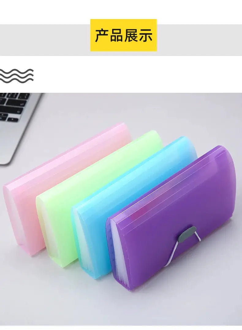 A6 expanding file folders 4-pack in pastel pink, lime green, sky blue and purple with buckle closures