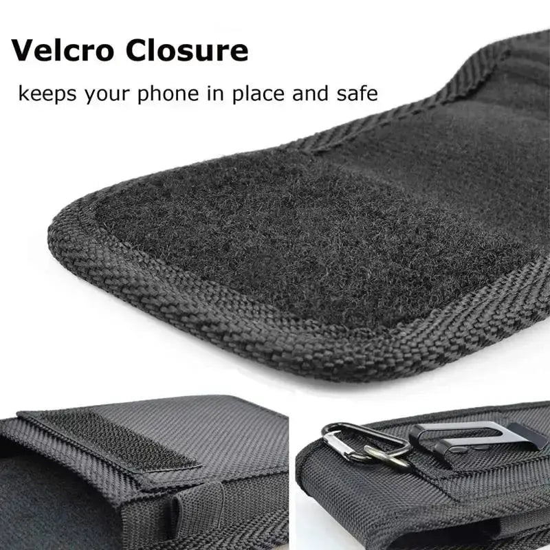 Simples Market mobile phone waist bag, black nylon fanny pack with Velcro closure and belt loop.