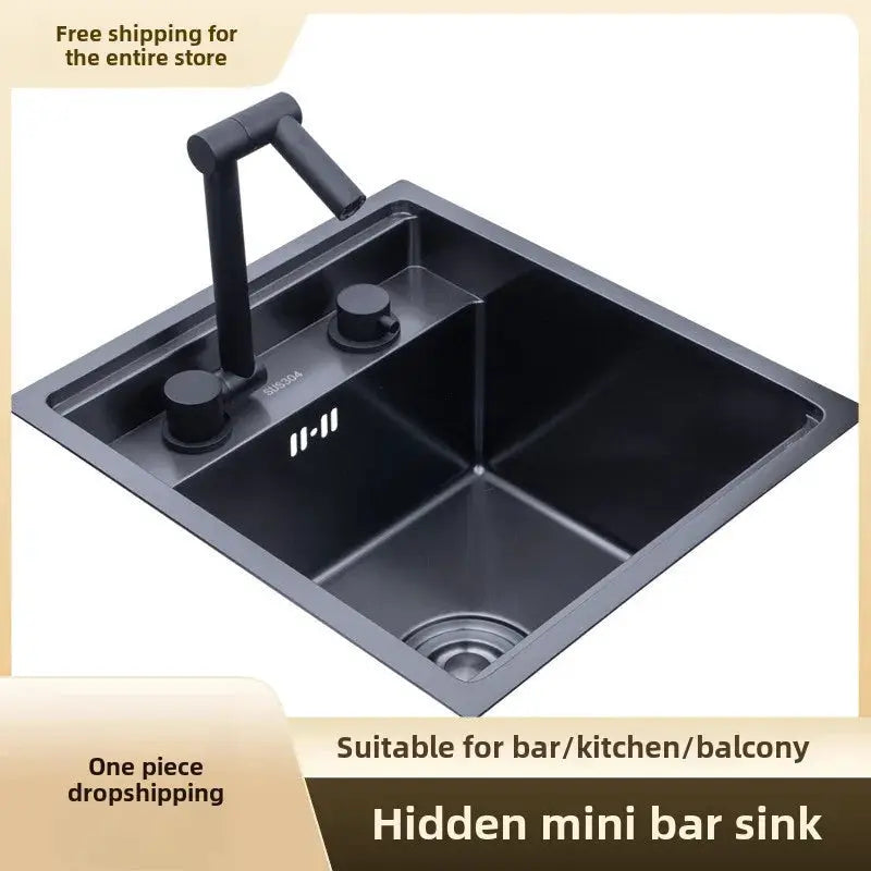 Hidden mini bar sink by Simples Market, black 304 stainless steel with single basin.