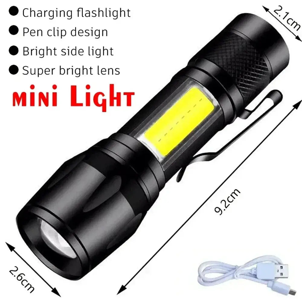 Simples Market USB-rechargeable high-power LED flashlight, 1000LM, black compact zoomable mini torch with pocket clip