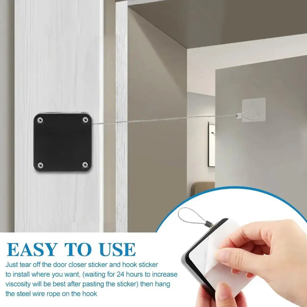 Punch-free automatic sensor door closer with pull cord and black surface-mount bracket on a door frame