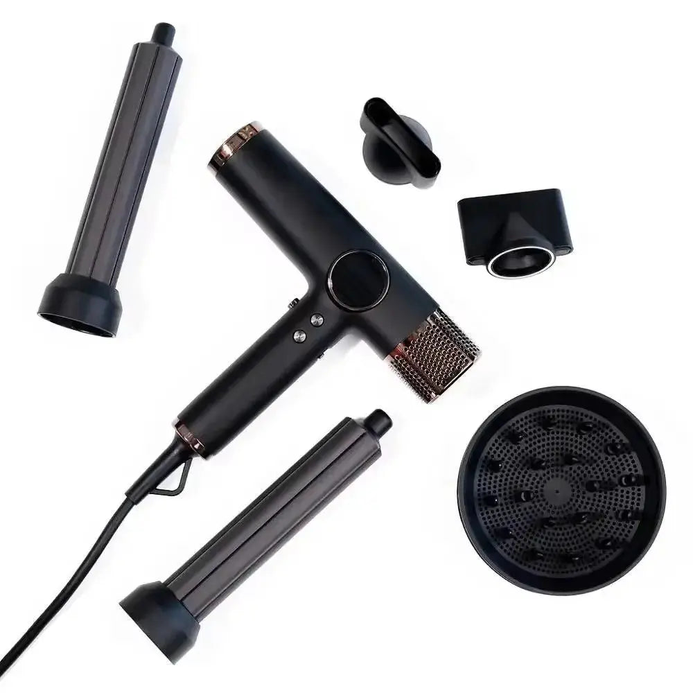 Simples Market black high-speed brushless motor hair dryer with negative ionic tech and multiple nozzle attachments