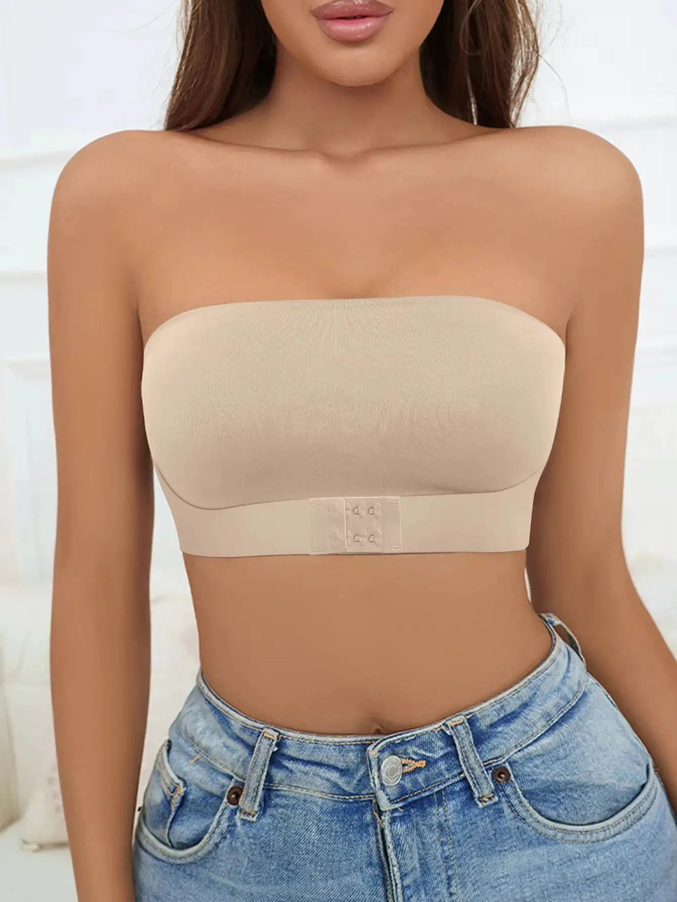 LunaWear Womens Strapless No Padding Seamless Front Button Bra Wirefree Comfort Breathable Knit Fabric
