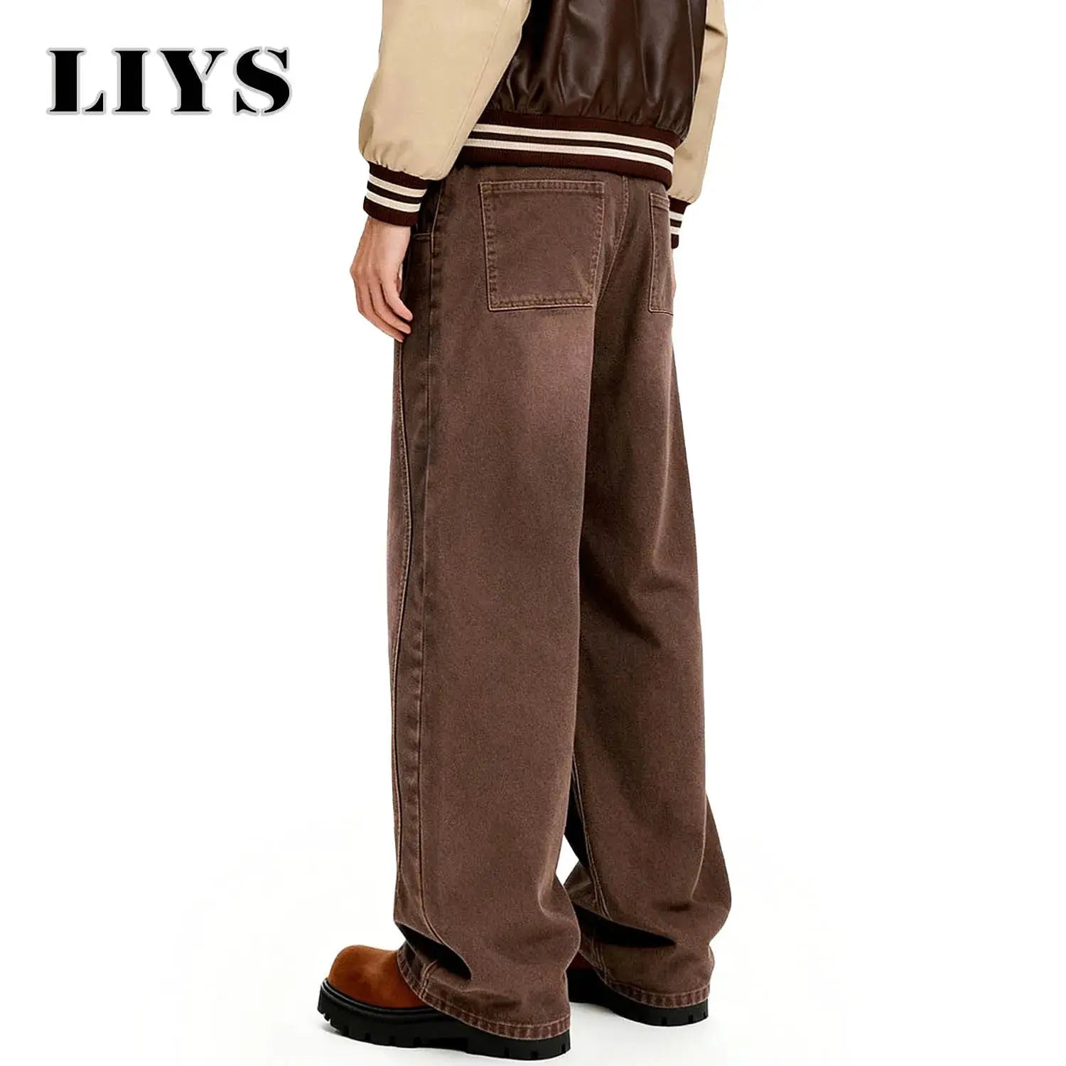 Brown men's wide-leg denim jeans with back pockets, casual baggy fit; LIYS branding visible