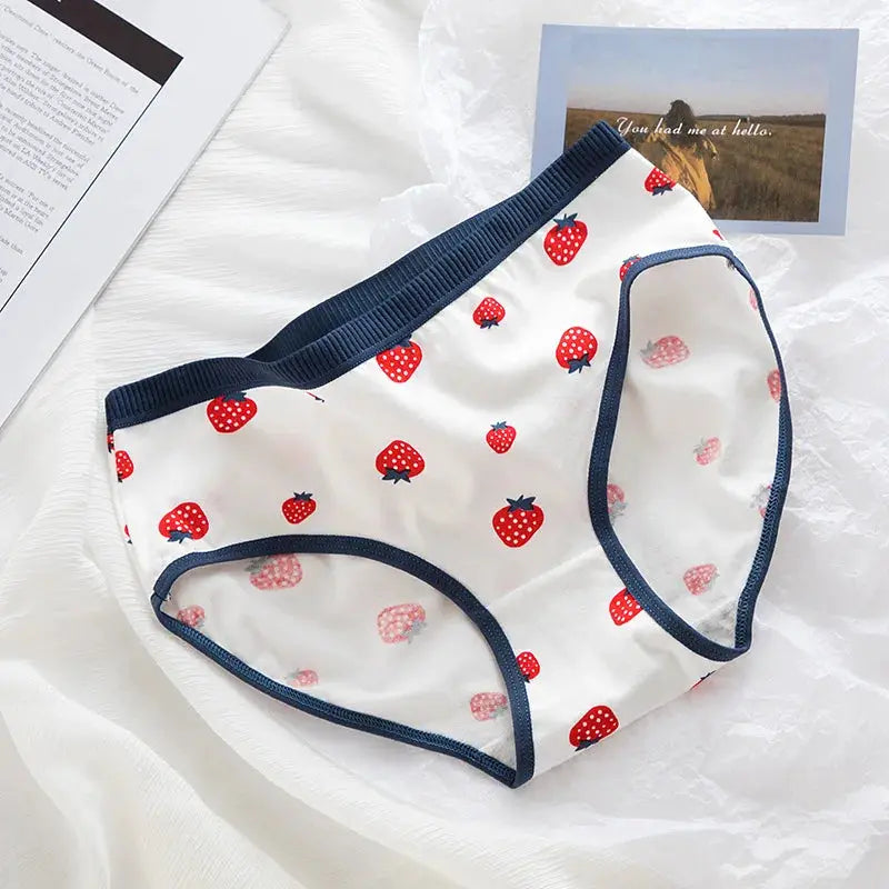 Cotton women's underwear by Simples Market, white with strawberry print and navy trim