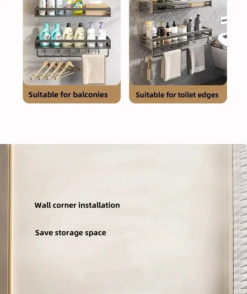 Simples Market no-drill aluminum bathroom corner shelf with shampoo organizer and towel holder, wall-mounted with bottles and towels