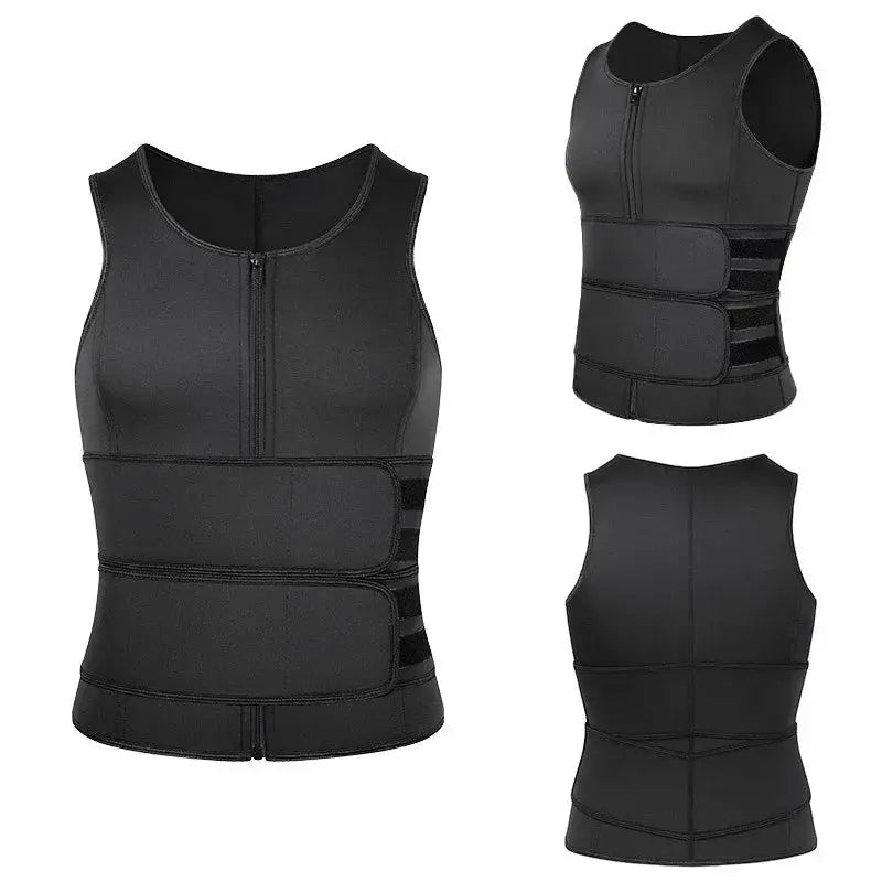 Simples Market Vensslim men's black waist trainer vest with front zipper and three Velcro straps; front and back views.