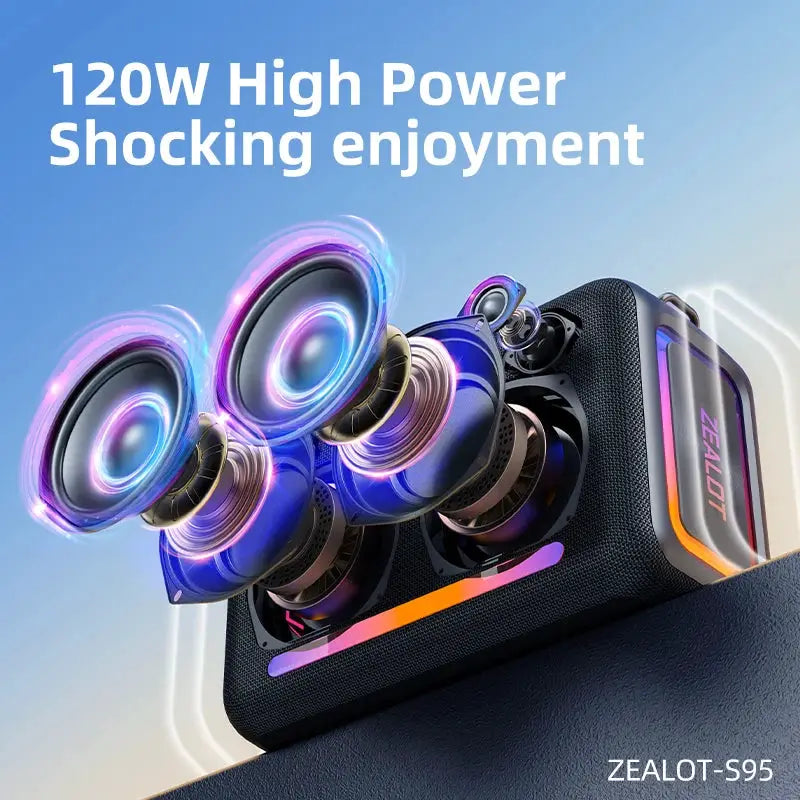 ZEALOT-S95 waterproof portable Bluetooth speaker with RGB lighting and 120W output.