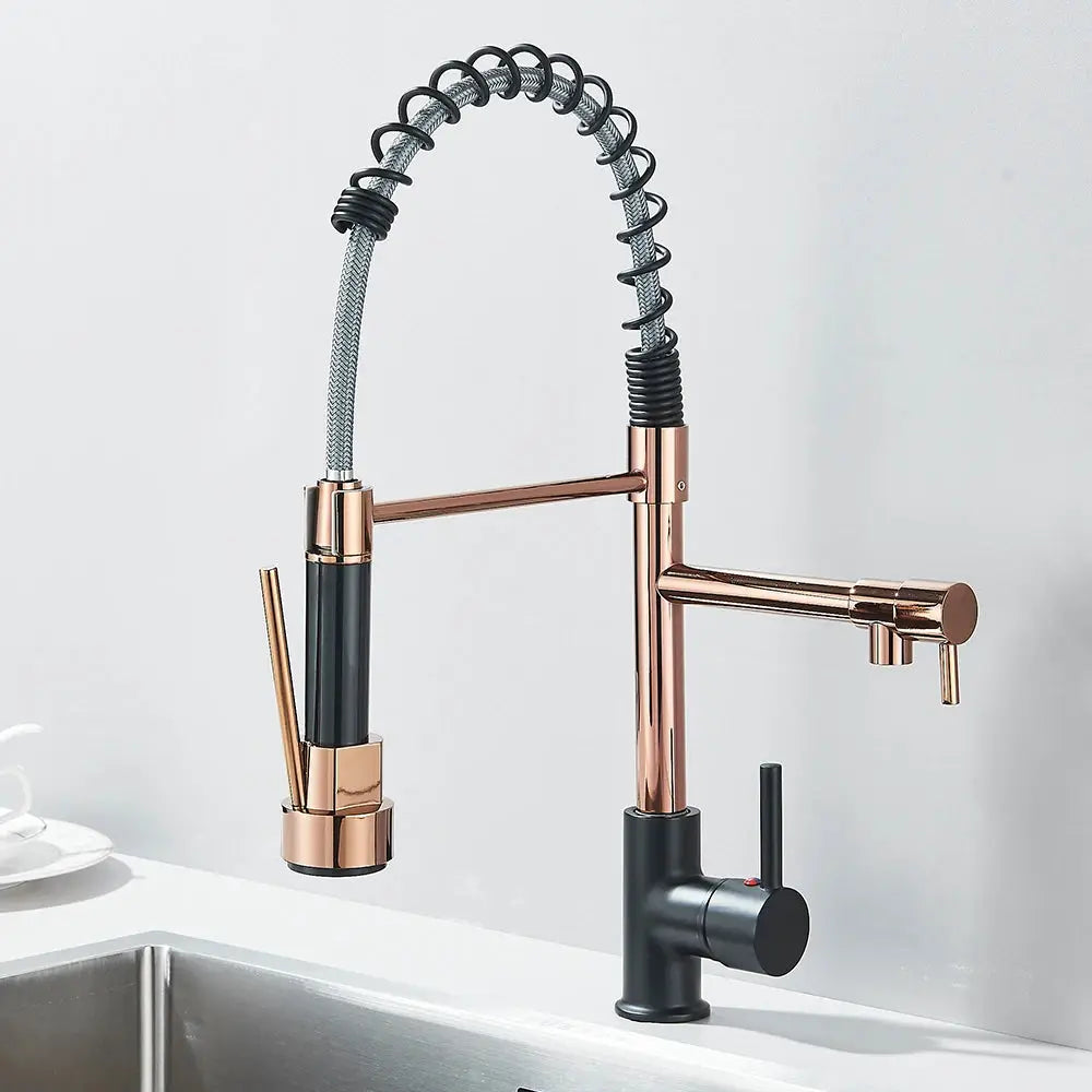 Simples Market Rozin rose-gold and black pull-down kitchen faucet with spring coil hose and dual spout, deck mounted