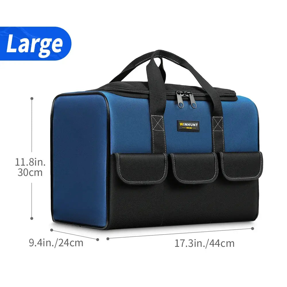 WINHUNT 17-inch tool bag in blue and black with six exterior pockets.