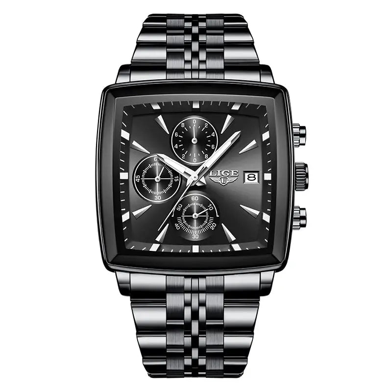 LIGE square blue dial men's wristwatch with stainless steel bracelet, waterproof quartz